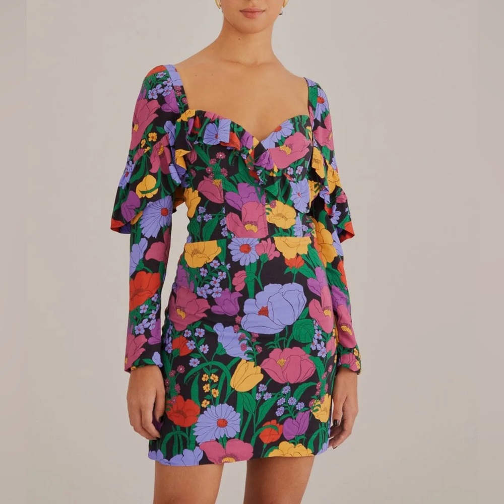 🆕 FARM Rio Black Bucolic Garden Black Long Sleeve Mini dress